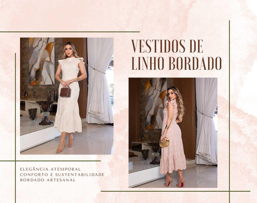 A primavera-verão 2025 traz uma forte ênfase em tecidos naturais, especialmente linho. Os vestidos bordados em tons neutros, como bege, branco e rosa claro, estão em alta, combinando simplicidade e elegância.
