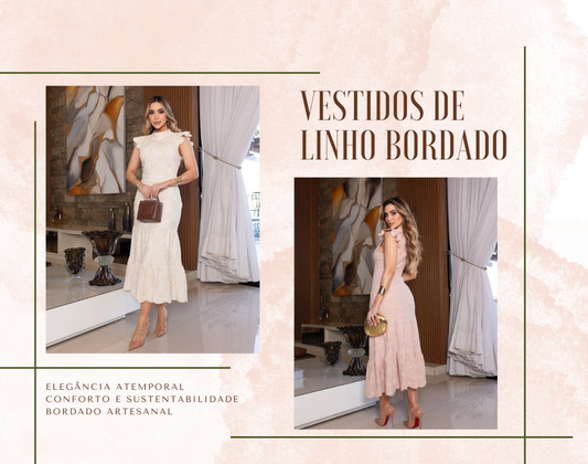 A primavera-verão 2025 traz uma forte ênfase em tecidos naturais, especialmente linho. Os vestidos bordados em tons neutros, como bege, branco e rosa claro, estão em alta, combinando simplicidade e elegância.