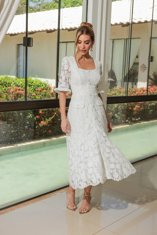 Vestido Midi em Renda Branco
