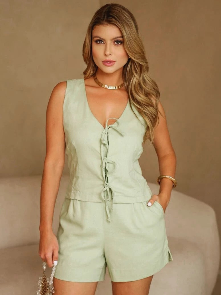 Conjunto Colete e Short em Linho OFF WHITE