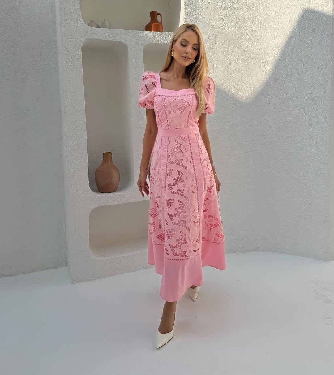 Vestido Midi em Lese Rosa